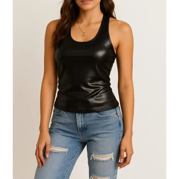 Bebe Sport Vintage Tank Top M Y2K Faux Leather Liquid Look Racerback Made in USA - Picture 1 of 13